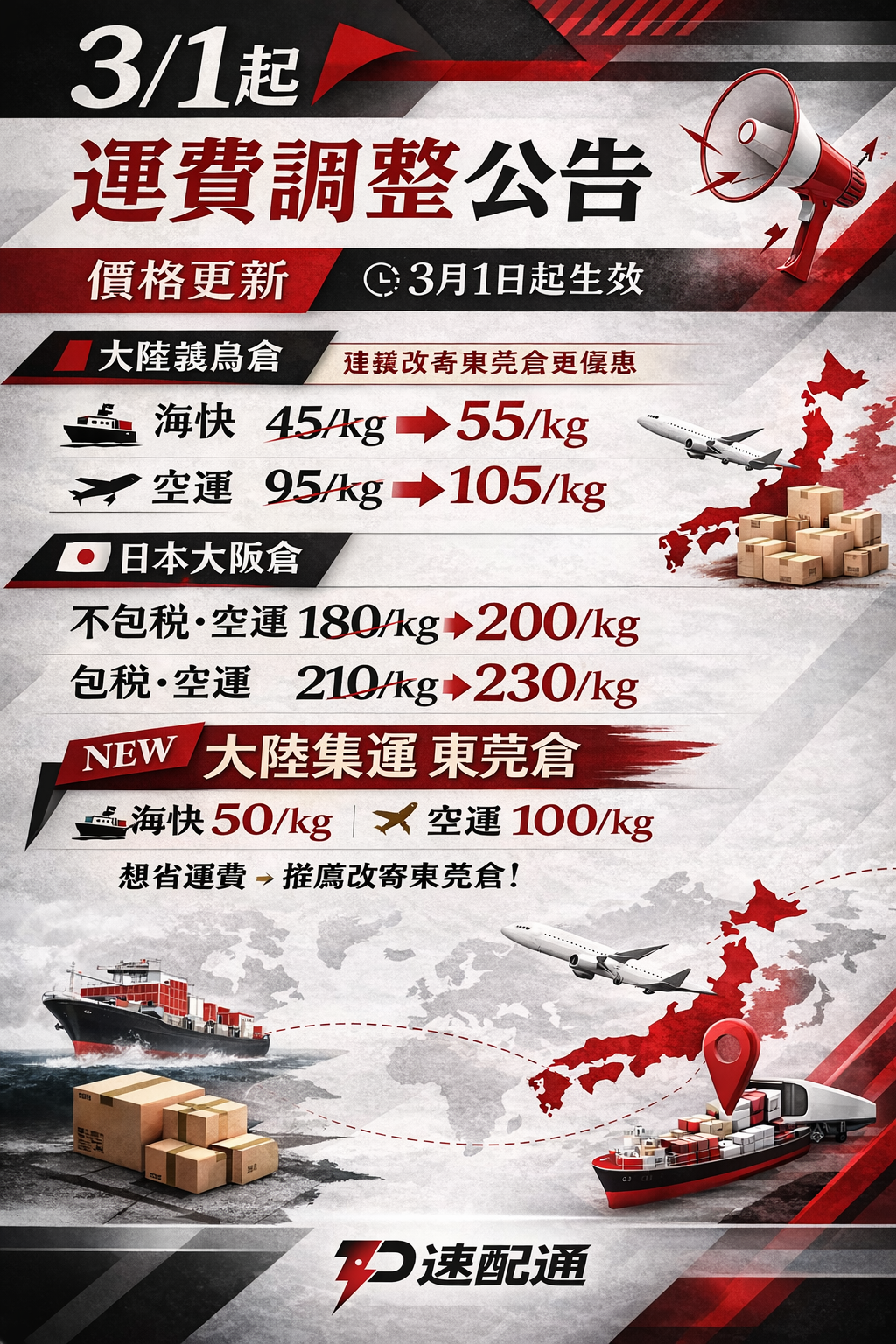 📢 3/1 起 部分倉庫運費調整公告